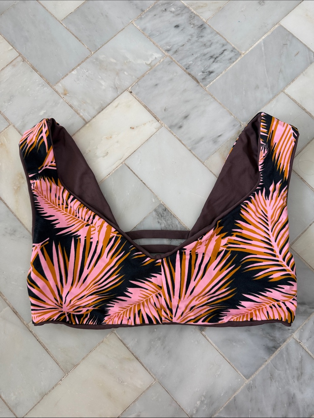 Maui Tropical Palm Print Swim Top - Pink & Black